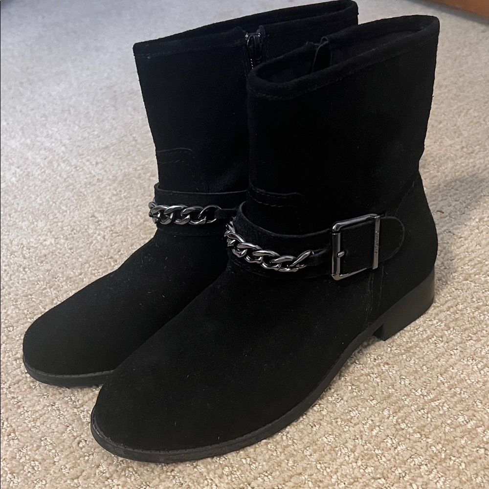 Vionic, Black Suede Ankle Boots with Chain Detail, Size 9